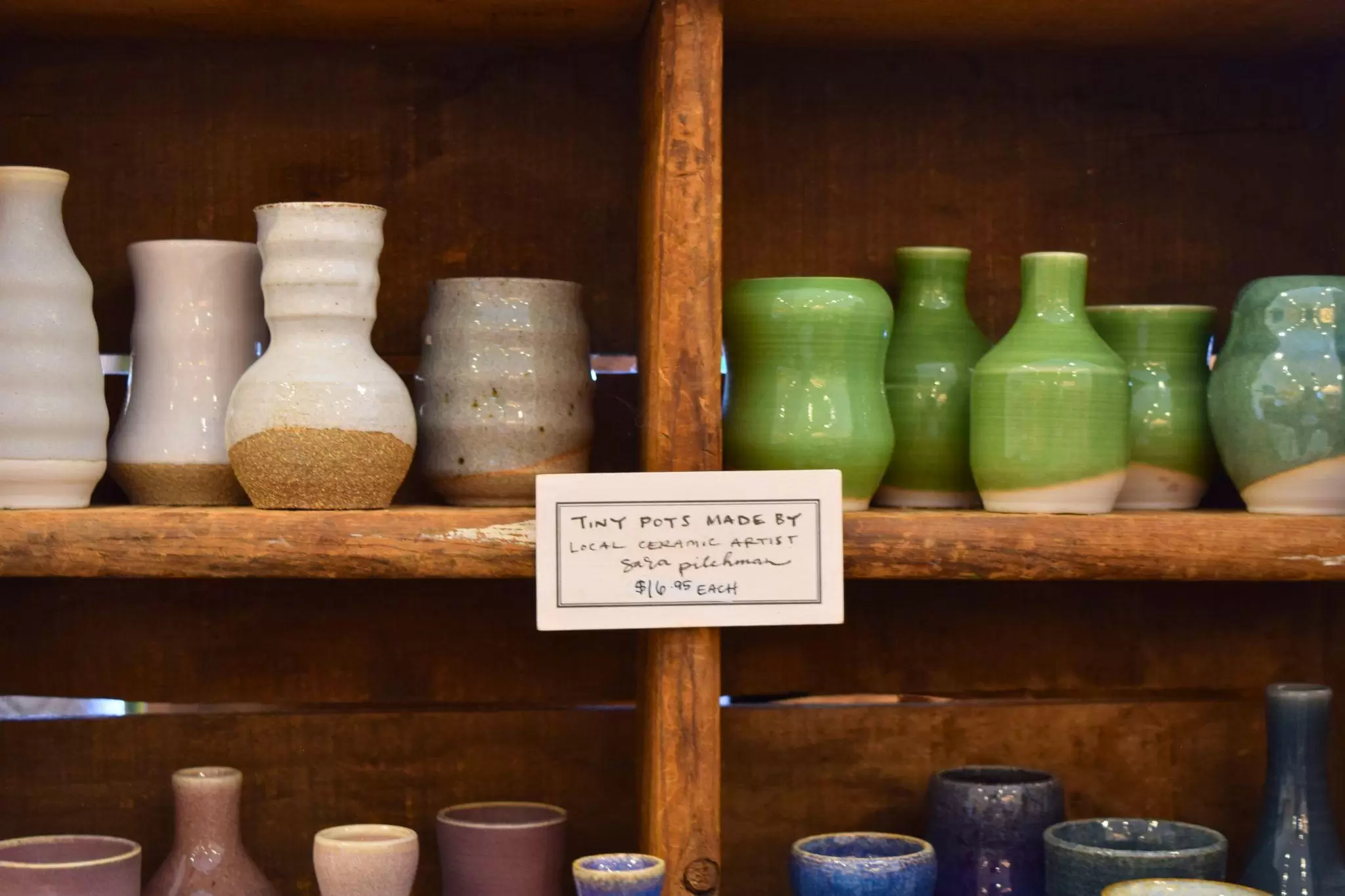 Sara Pilchman Tiny Pots on display at Blue Windows